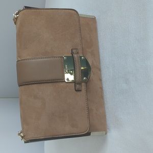 Aldo Faux Suede Tan Clutch w/ removable Gold Chain Shoulder Strap